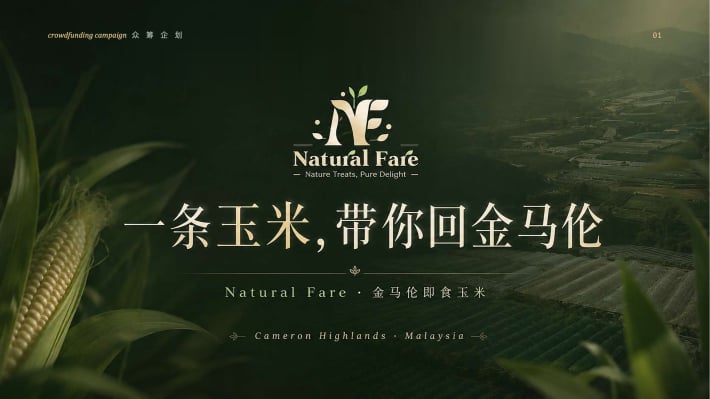 金马伦首家即食玉米品牌。自家农场三色即食玉米：早上采摘，下午真空锁鲜，0 防腐剂、0 添加，常温 12 个月，开袋即食。4 个月售出 100,000+ 条，现在——我们想把金马伦带出去，和你一起。
